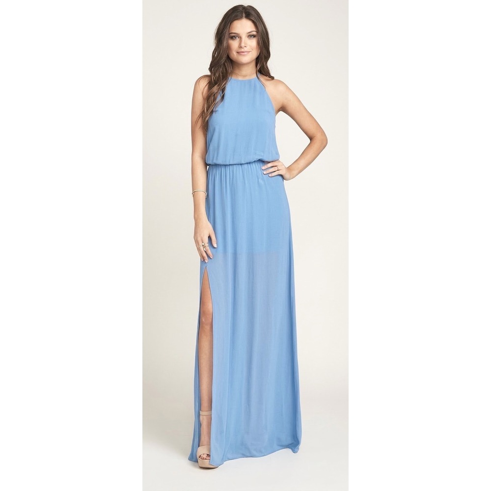 Show Me Your Mumu Heather Halter Maxi Dress Blue Slit Wedding Guest Gown XL